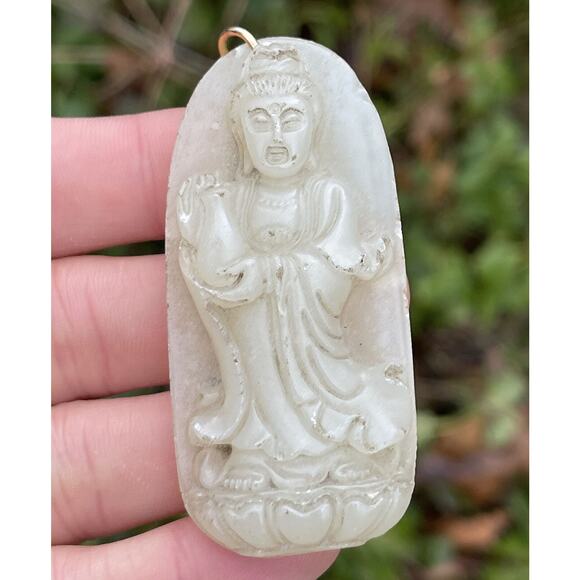200ct Jade Vintage Jadeite Carved Pendant Necklace Buddha Estate Light Green - Picture 4 of 9